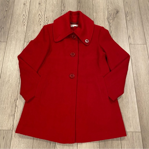 Larry Levine Wool Blend Coat Women’s Size M Red Funnel Neck Button Down Pockets - Picture 3 of 15